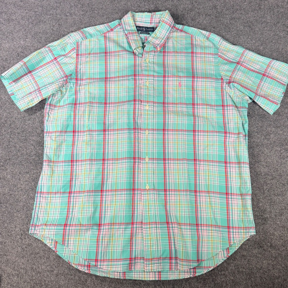 Ralph Lauren Shirt Mens XL Teal Green Pink Plaid Short Sleeve Classic Fit Cotton